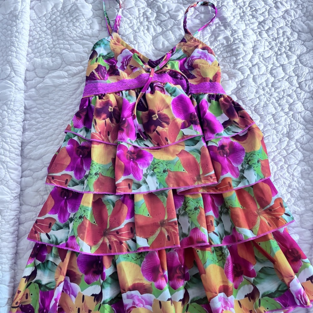 multi-color floral tiered frill dress